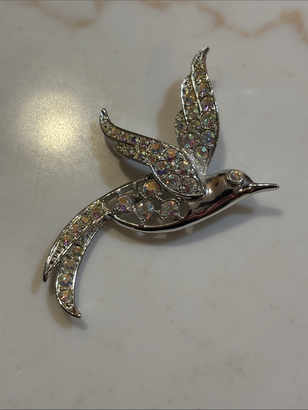 Vintage Sarah Coventry Bird of Paradise Rhinestone Brooch Silver Circa 1965